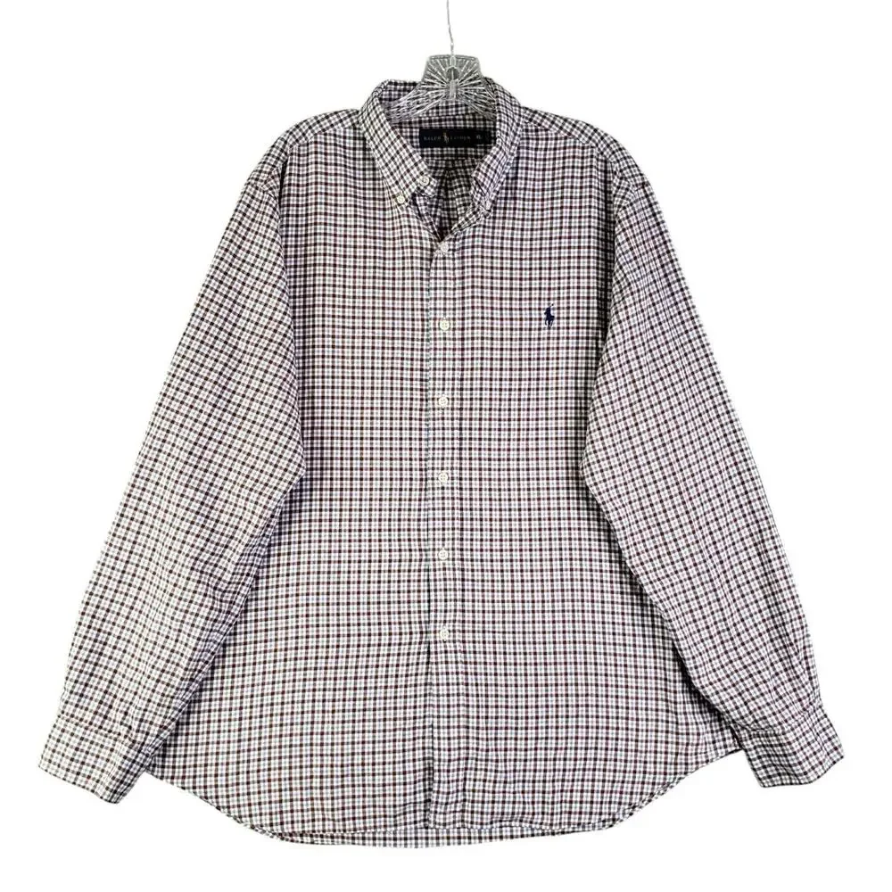Polo Ralph Lauren Oxford Shirt Mens Size XL Plaid Brown Blue LS Button Down